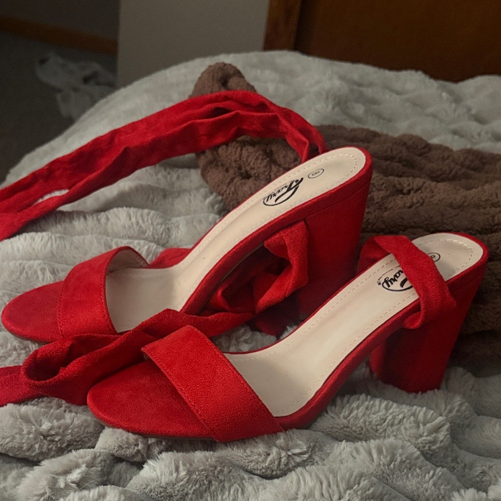 Cityclassified Red Block Heel Tie Strap Sandals
